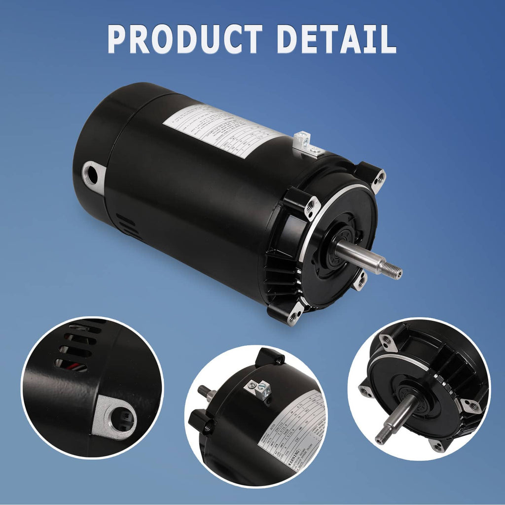 Pool pump motor detail with black housing, shaft outlet, and end flange ports