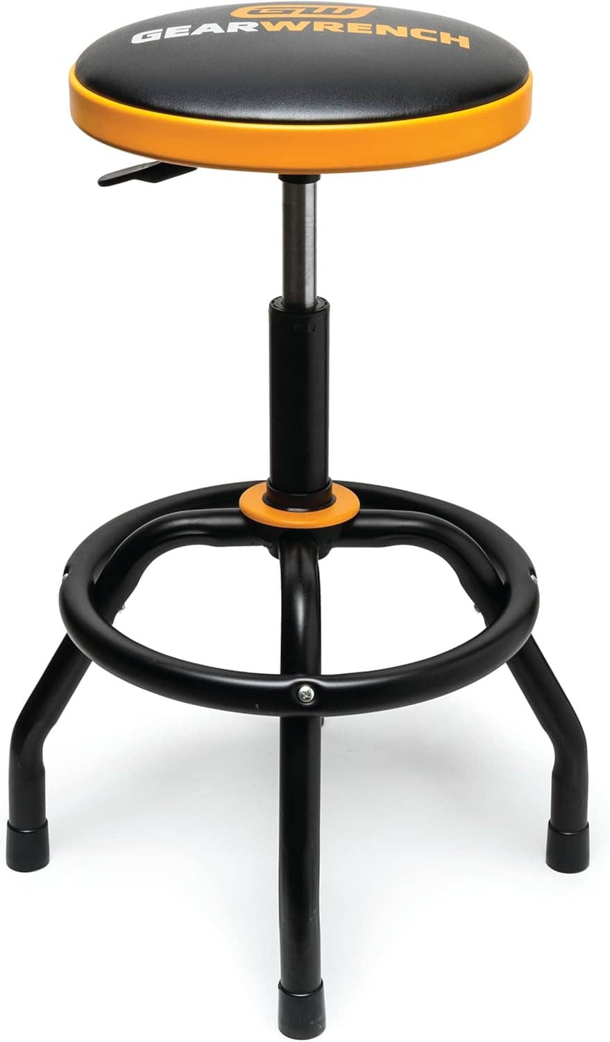 Adjustable swivel shop stool with orange-edged round seat, black pedestal and curved base
