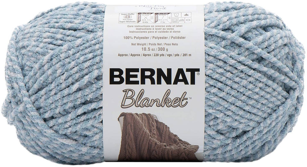 Bernat super bulky chenille yarn skein in light baby blue, twist texture