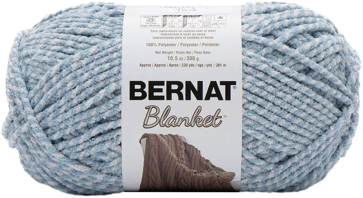 Bernat super bulky chenille yarn skein in light baby blue, twist texture