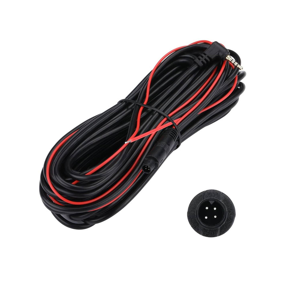Black rear camera extension cable with red/black wires and round 4-pin connector