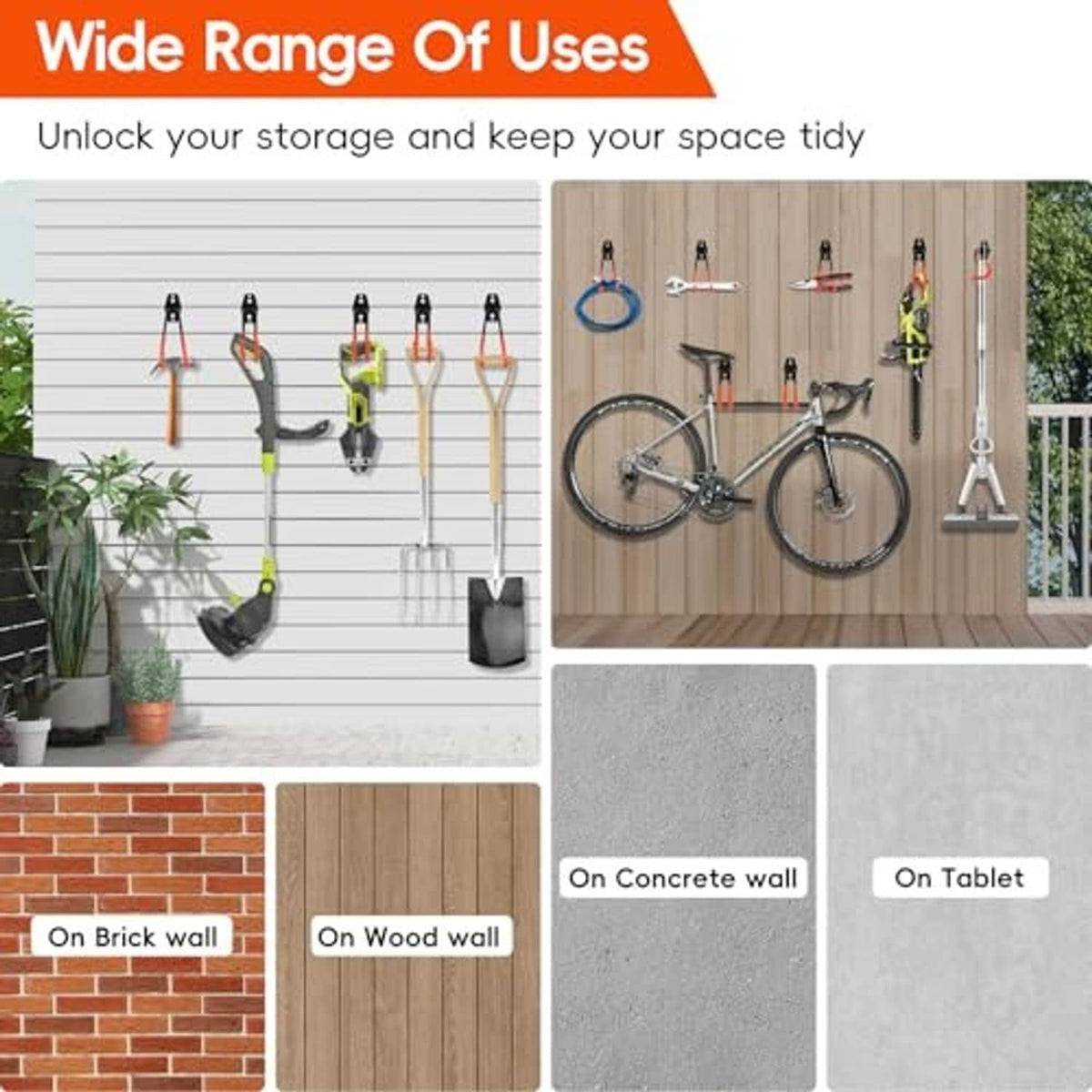 12-pack garage storage hooks with black plates and orange coated U arms