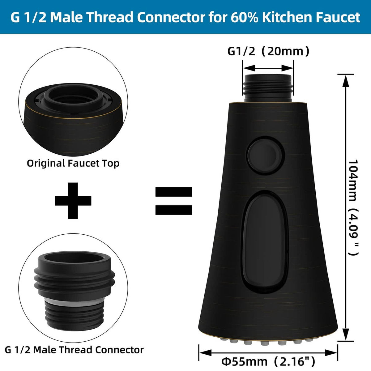 Faucet head replacement with G 1/2 male thread connector and two front control buttons