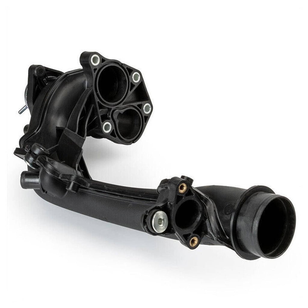 Black charge air pipe joint with round inlet openings and metal bracket