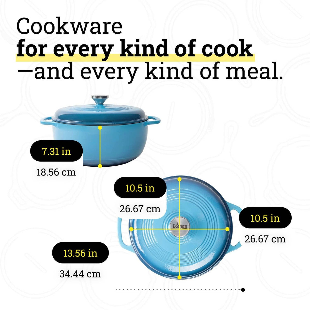 Cornflower blue enameled Dutch oven with measurement diagram lines