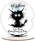 Round ceramic car coaster with black cat graphic on white top and cork base edge