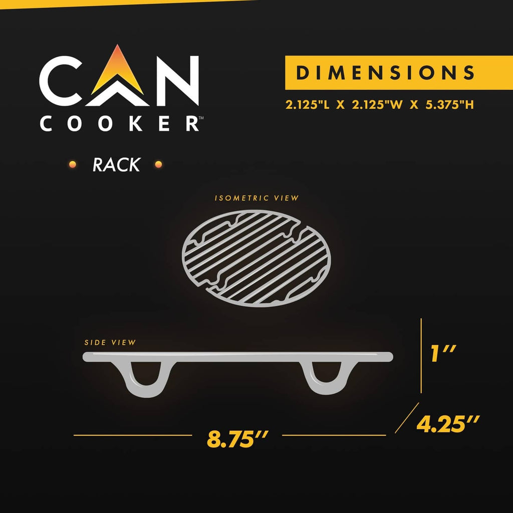 Round silver can cooker rack, side view with bar grid and support feet
