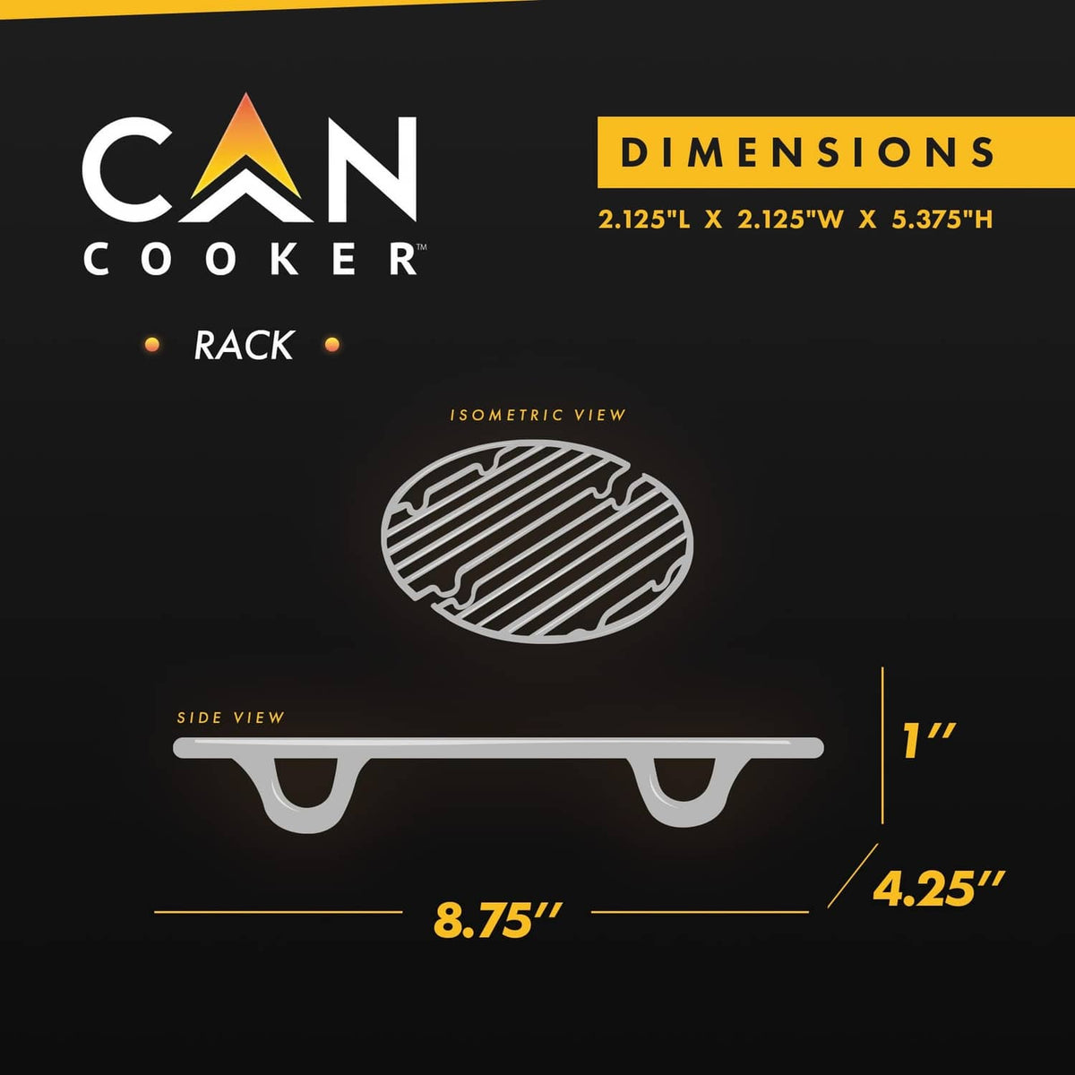 Round silver can cooker rack, side view with bar grid and support feet