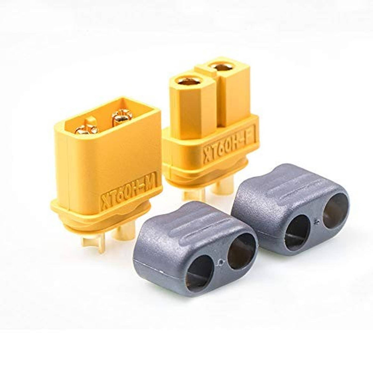 XT60-style male and female bullet connectors with gray insulators and gold contacts