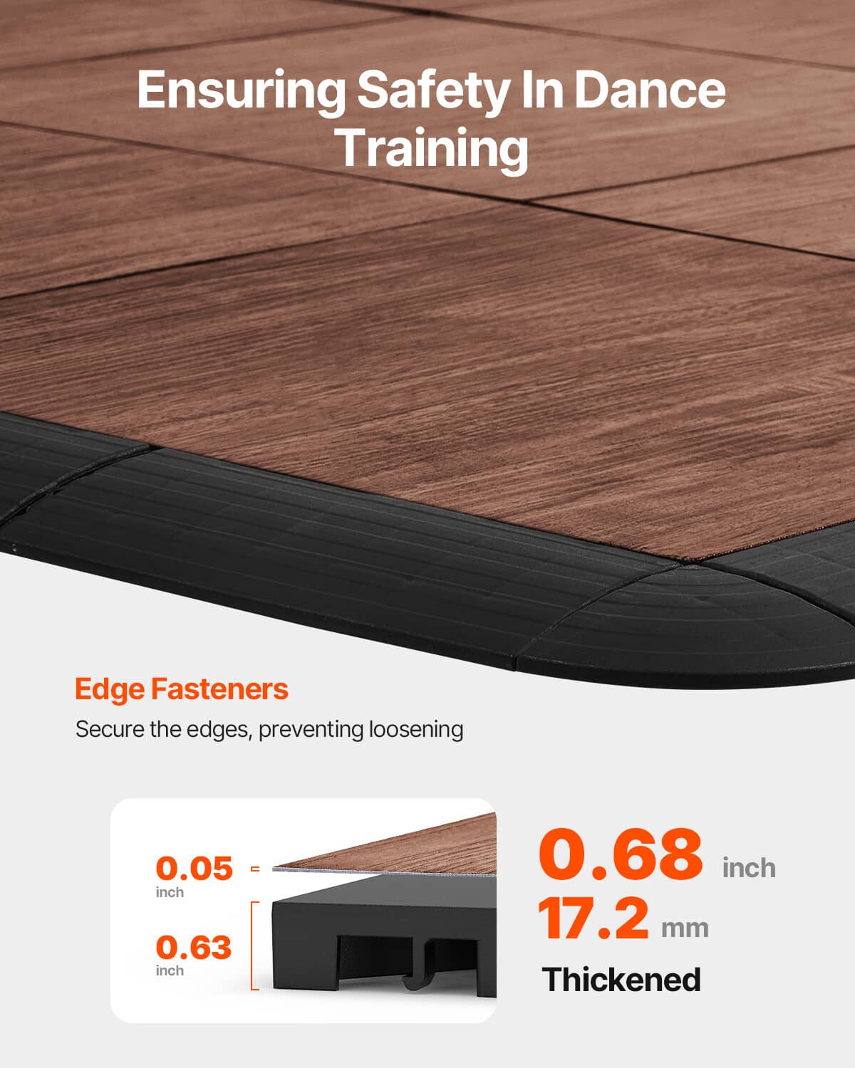 Interlocking gym tiles closeup, brown woodgrain surface with black beveled edge.