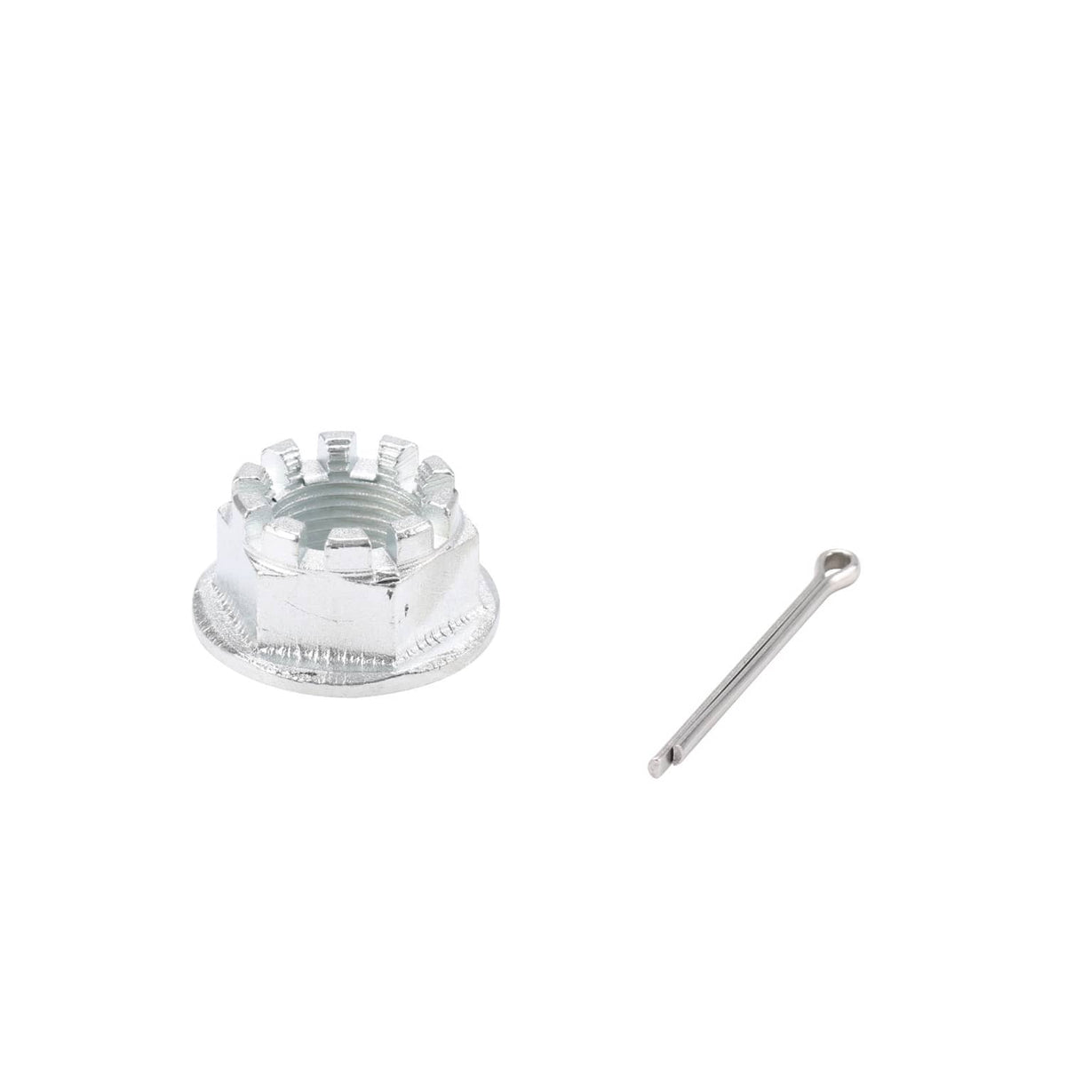 Wheel hub nut with splines and included pin hardware