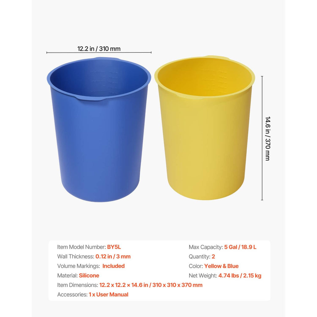 Blue and yellow silicone bucket liners, open-top with printed measurement markings