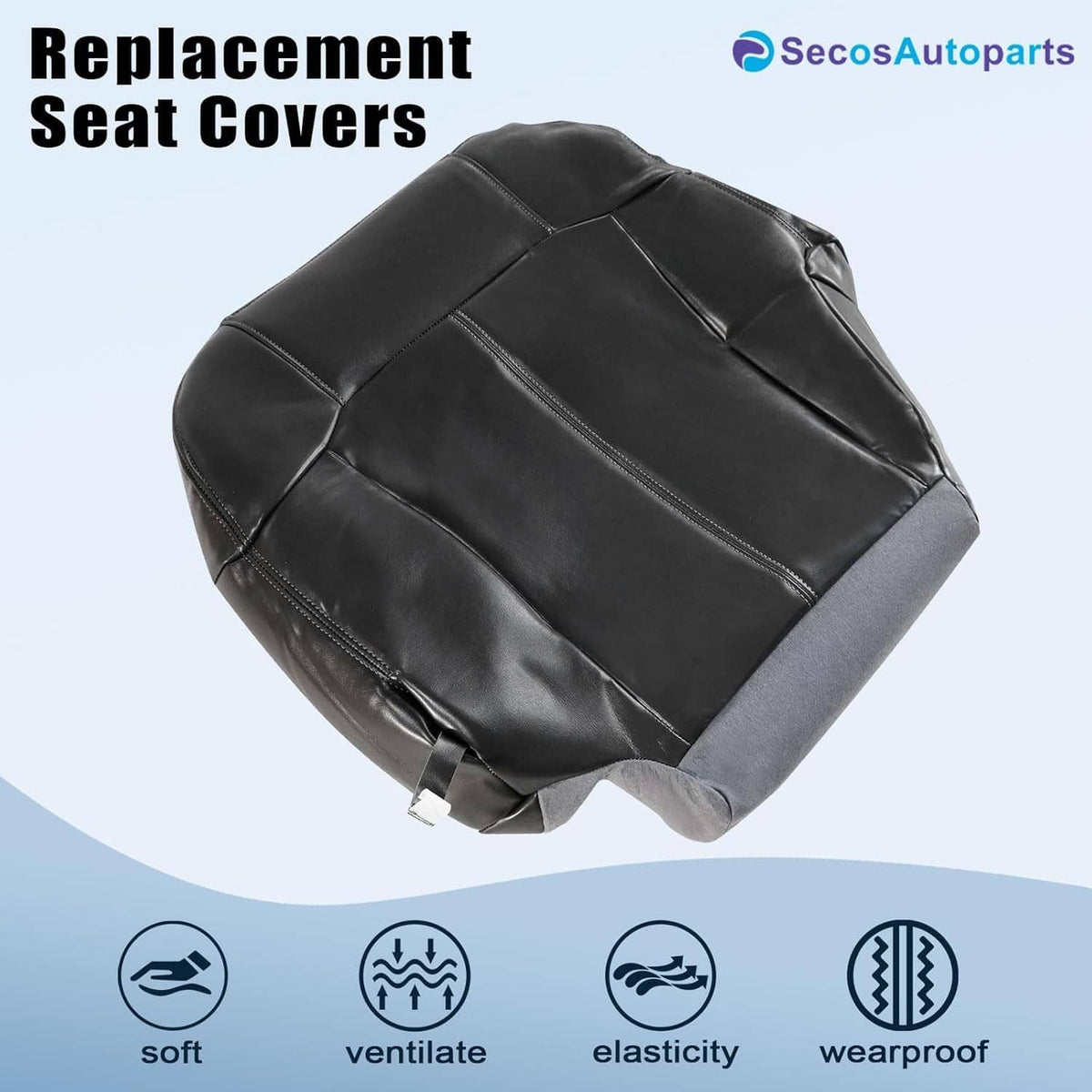 Dark gray leather replacement seat cover with stitched panels and side attachment straps