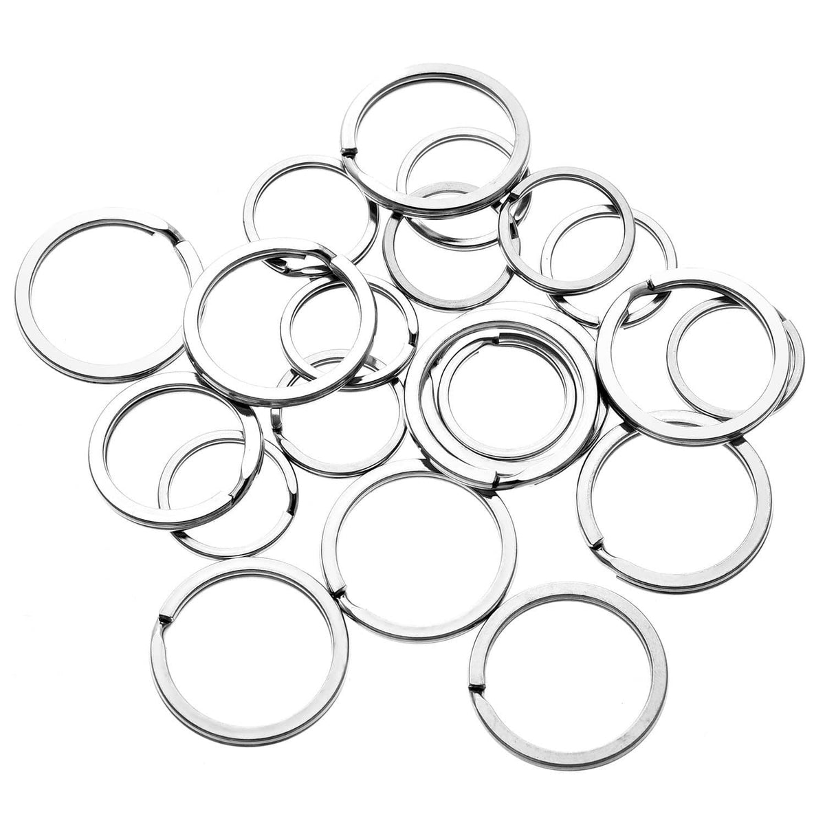 Stainless steel round ID tag rings, many pieces shown