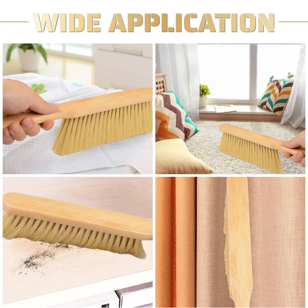 Wooden dust brush with angled khaki bristles for sweeping edges and upholstery