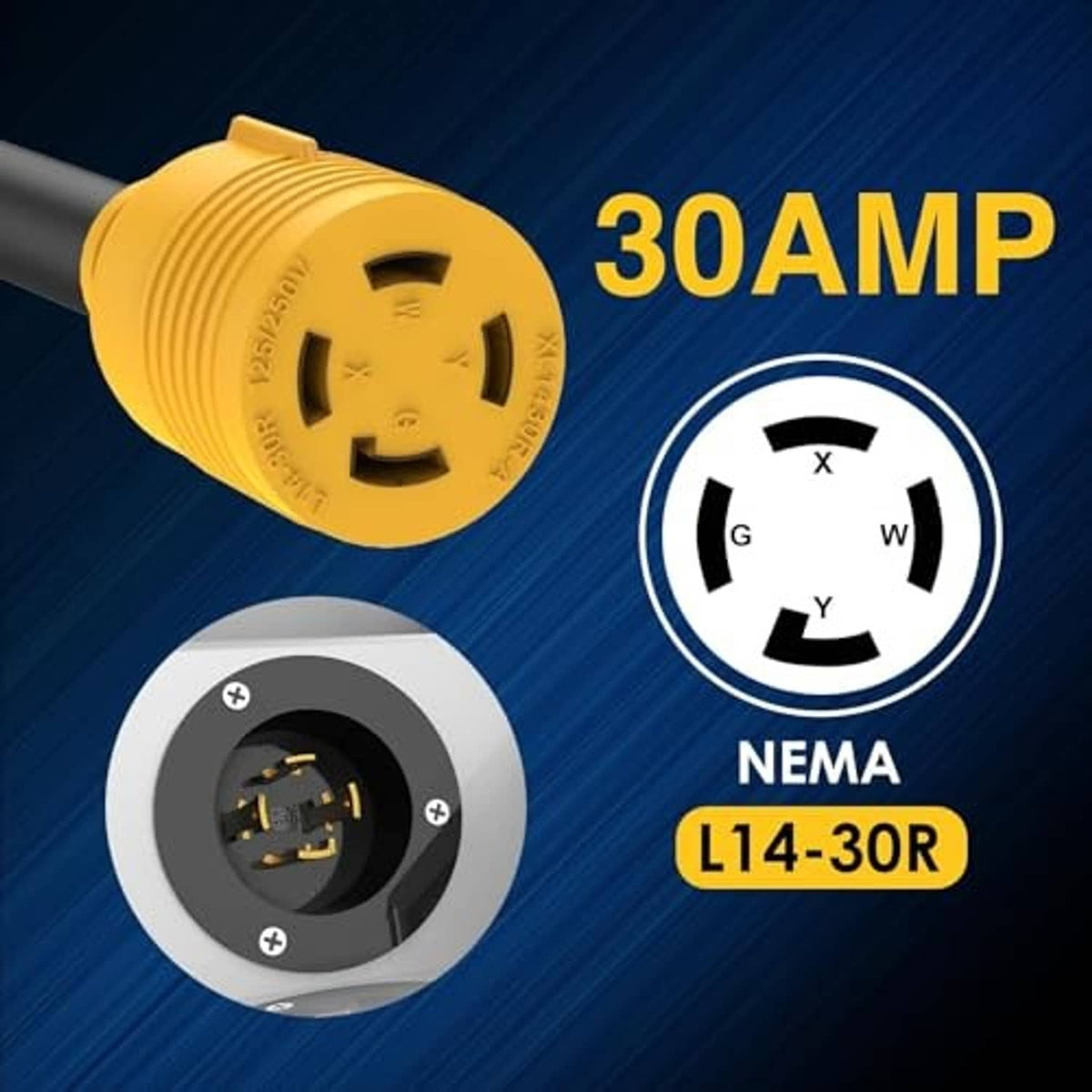 Yellow NEMA L14-30R twist-lock plug with 30A rating on black adapter cable