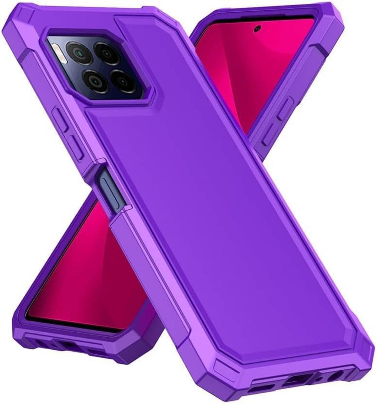 Purple rugged phone case with reinforced corners and camera cutout