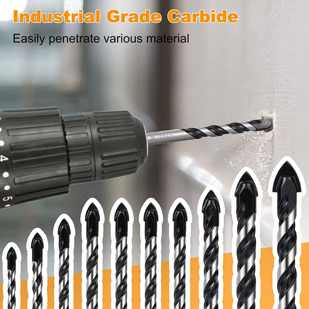 Masonry drill bit set with spiral bits shown with a drill chuck