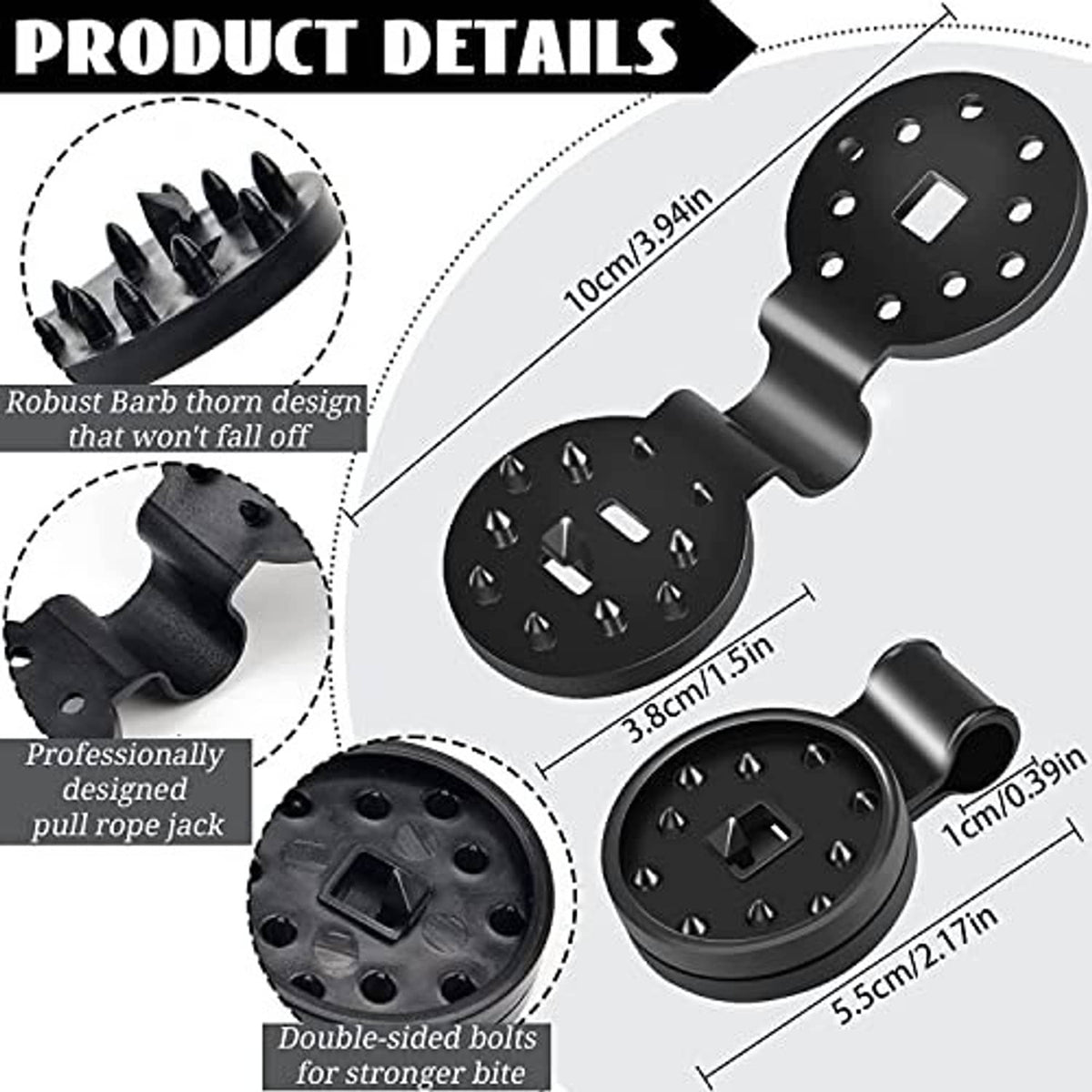 Shade cloth clip product detail, black round head with barbed bolt and measurements