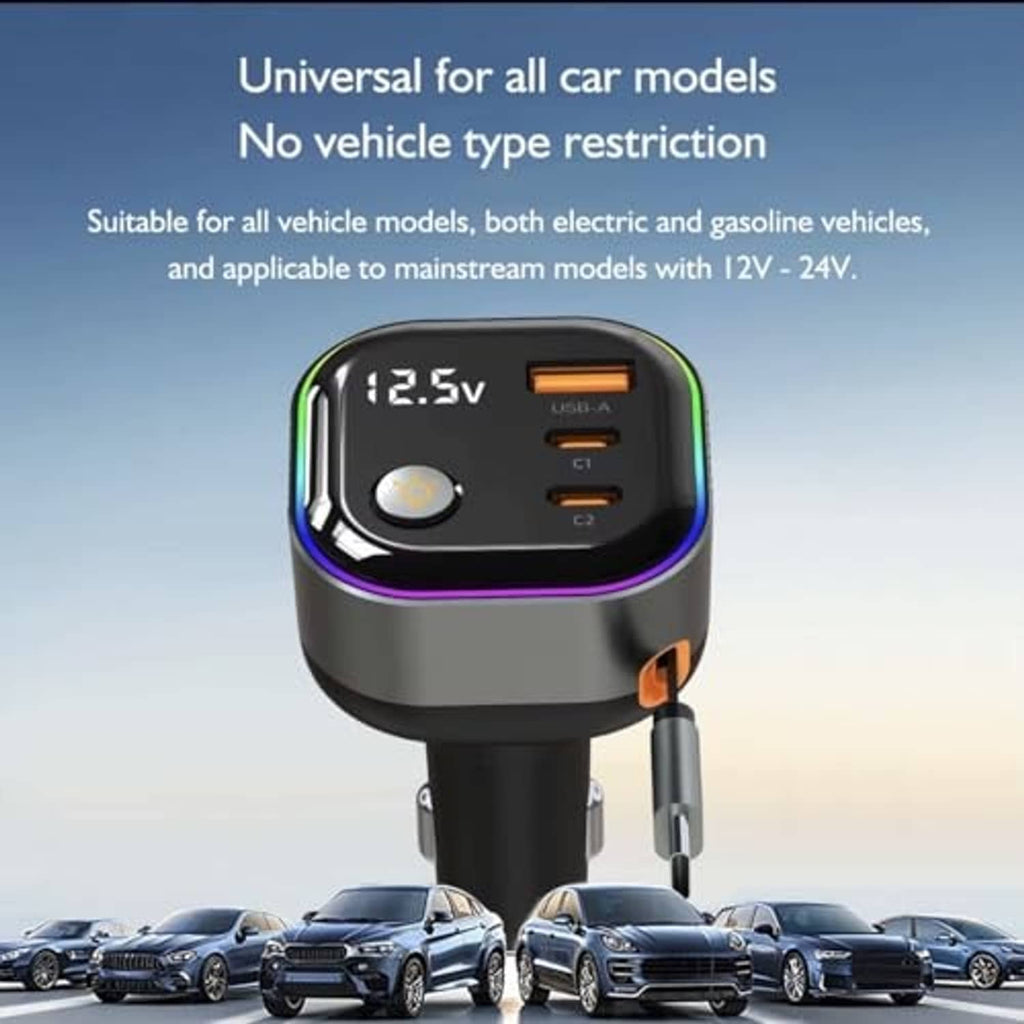 Retractable USB-C car charger with LED ring and digital voltage readout