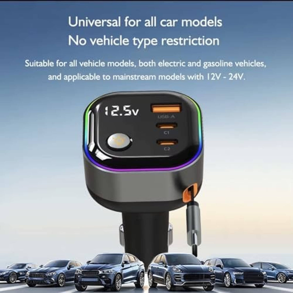 Retractable USB-C car charger with LED ring and digital voltage readout