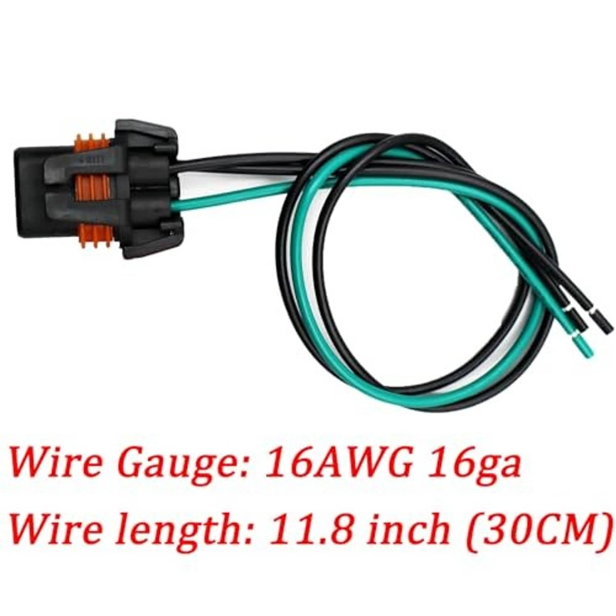 Teal and black 2-pin wiring harness with inline connector and bundled lead wires