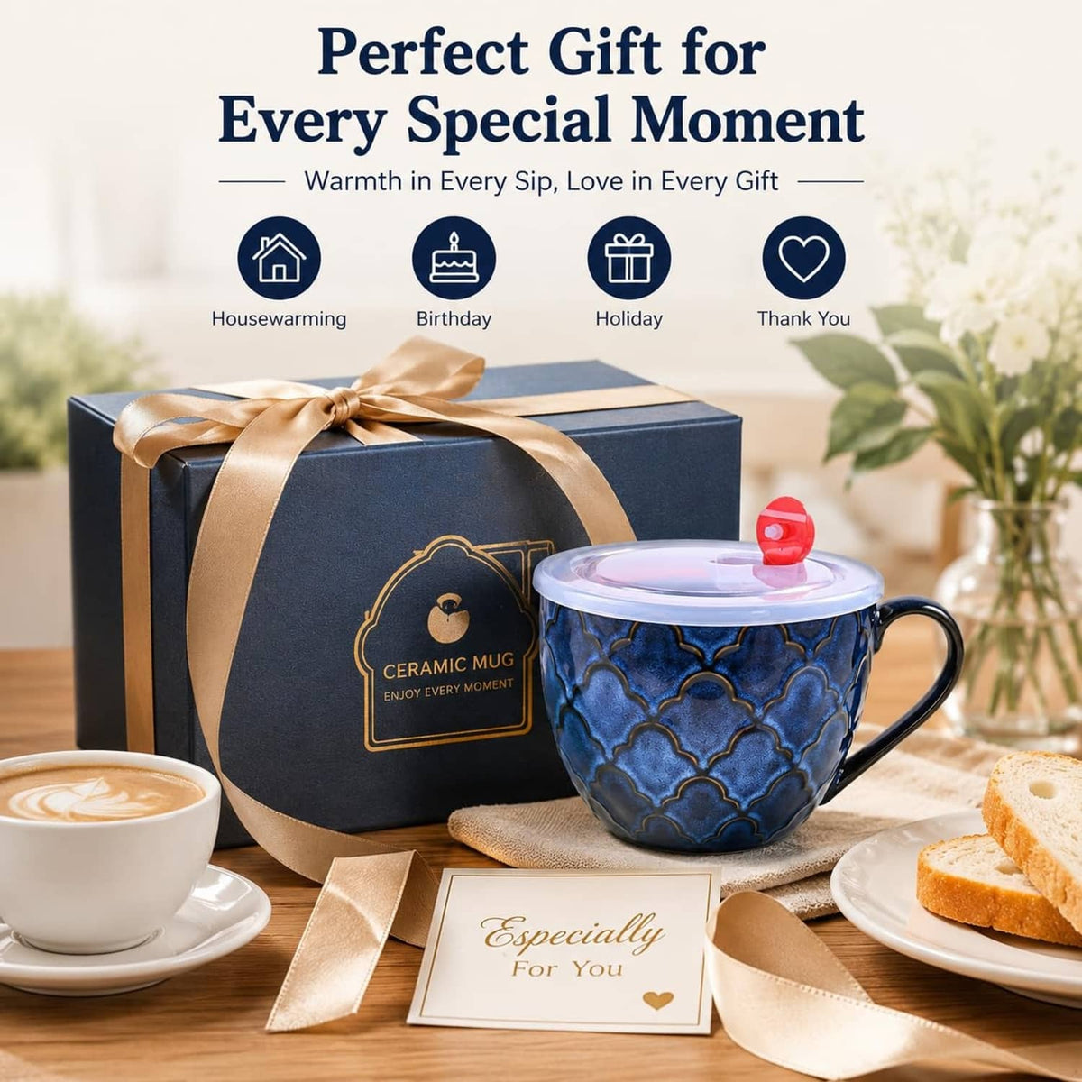 Blue ceramic soup mug with lid and curved handle for warm drinks and soups.