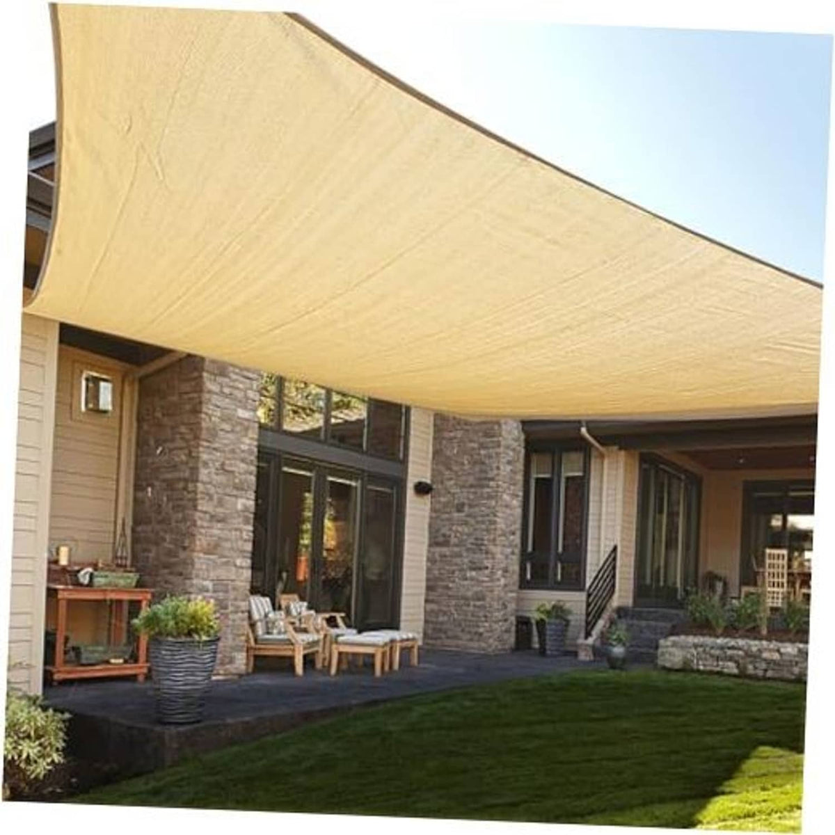 Tan rectangle sun shade sail canopy for outdoor patio, stretched overhead