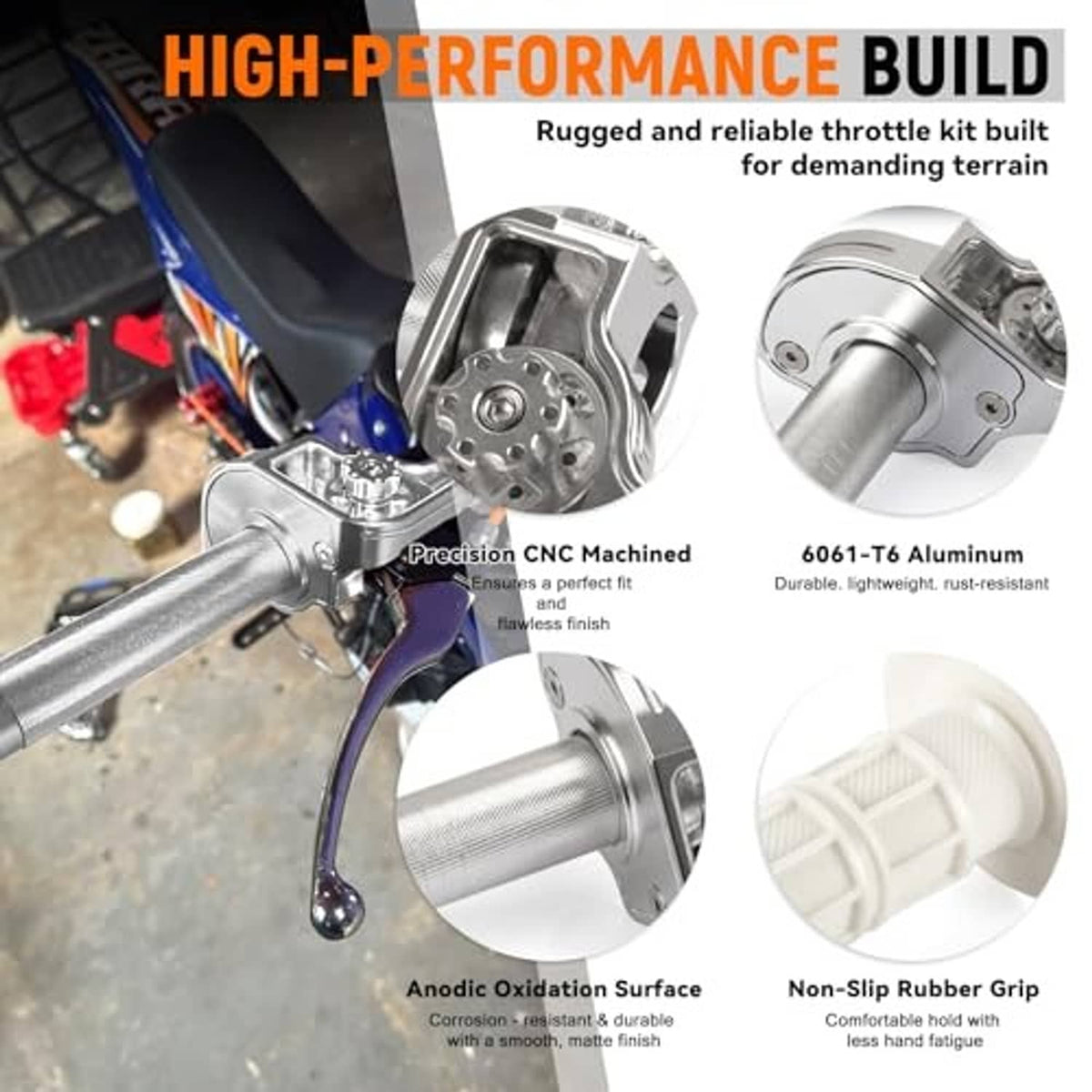 CNC-machined silver throttle kit with rubber grip and aluminum housing