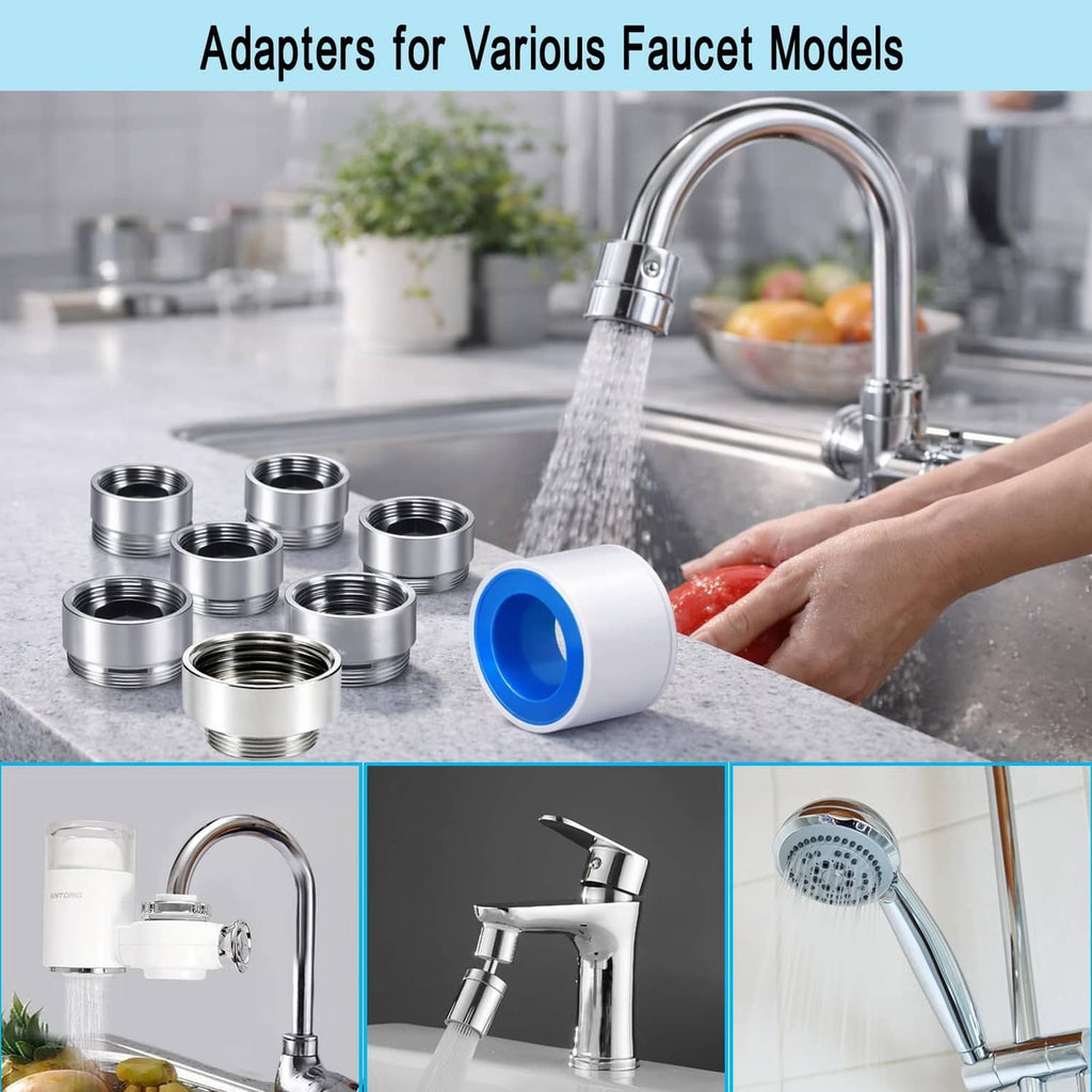 Stainless-style faucet adapter set with blue insert and threaded couplers
