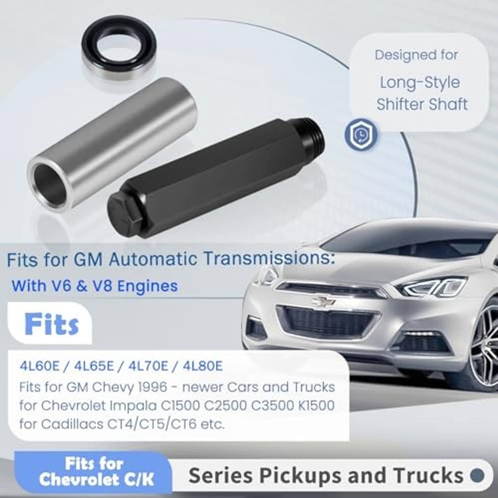 Transmission shift shaft seal tool kit with steel sleeve, black installer, and seal ring