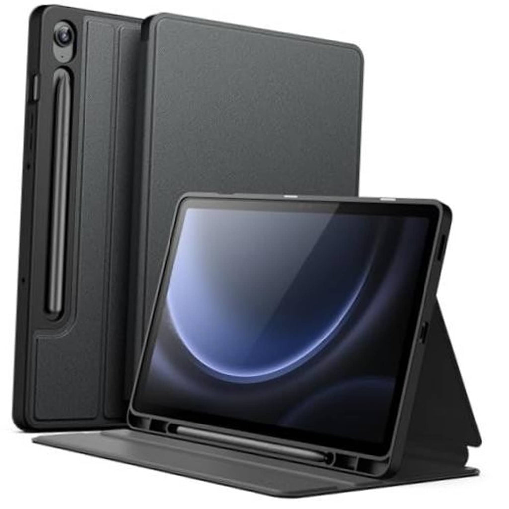 Black tablet case with folio stand, screen and camera cutout visible