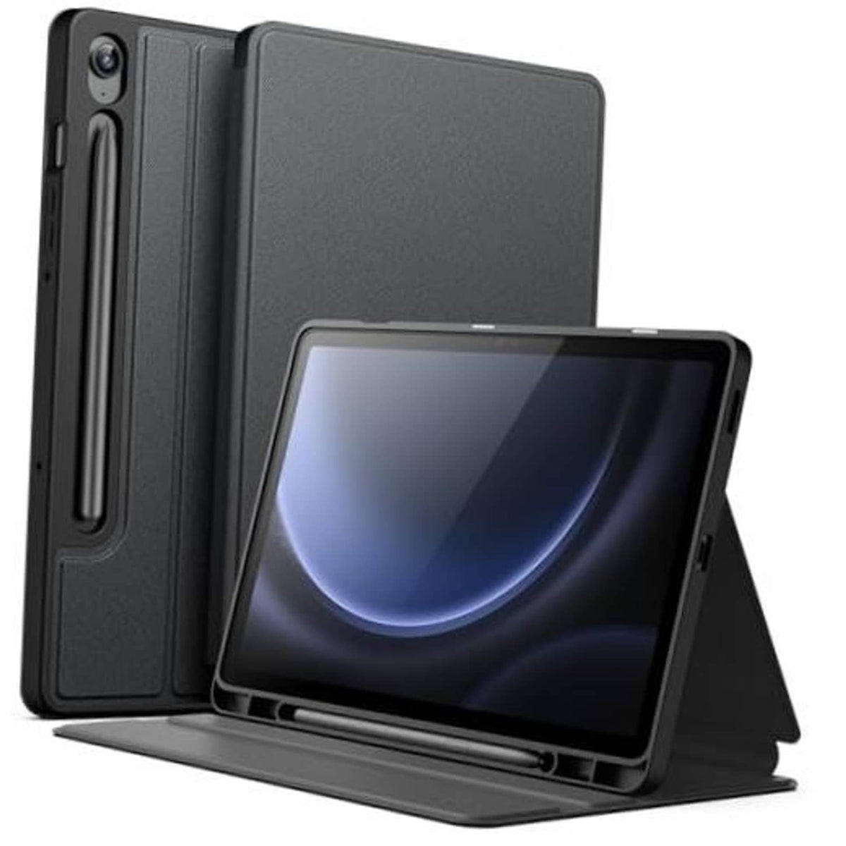 Black tablet case with folio stand, screen and camera cutout visible