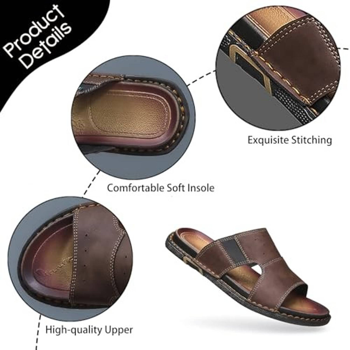 Brown leather slip-on slide sandal with stitched upper and cushioned insole