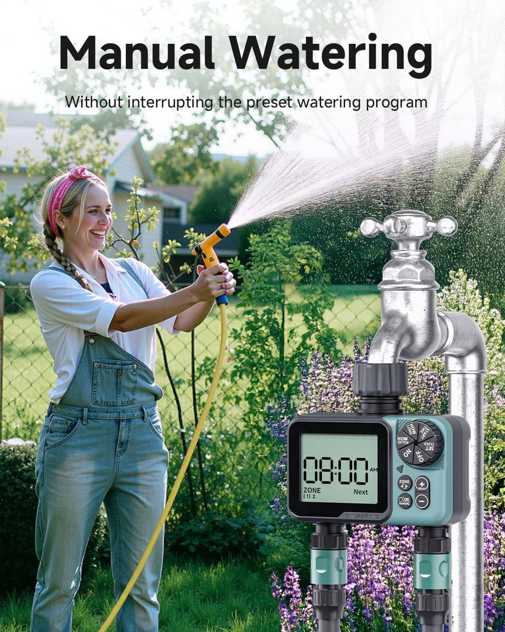 Green 2-zone sprinkler timer connected to a garden hose for manual watering