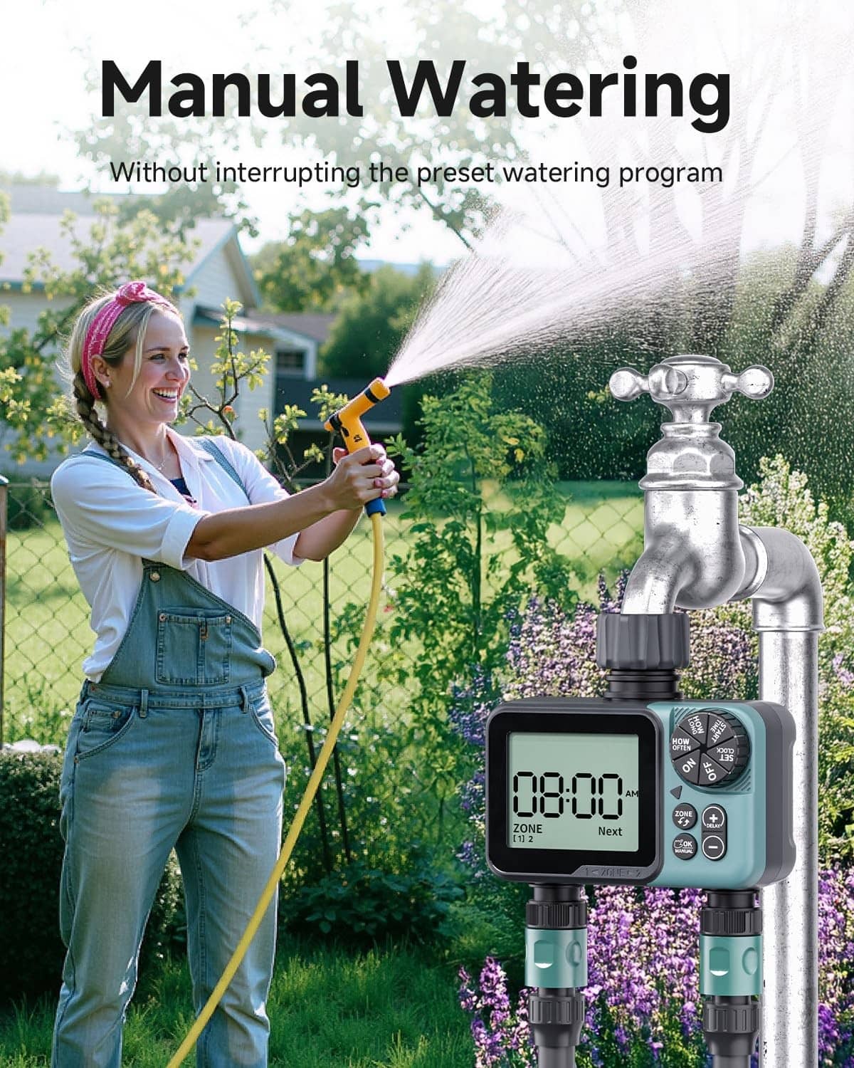 Green 2-zone sprinkler timer connected to a garden hose for manual watering