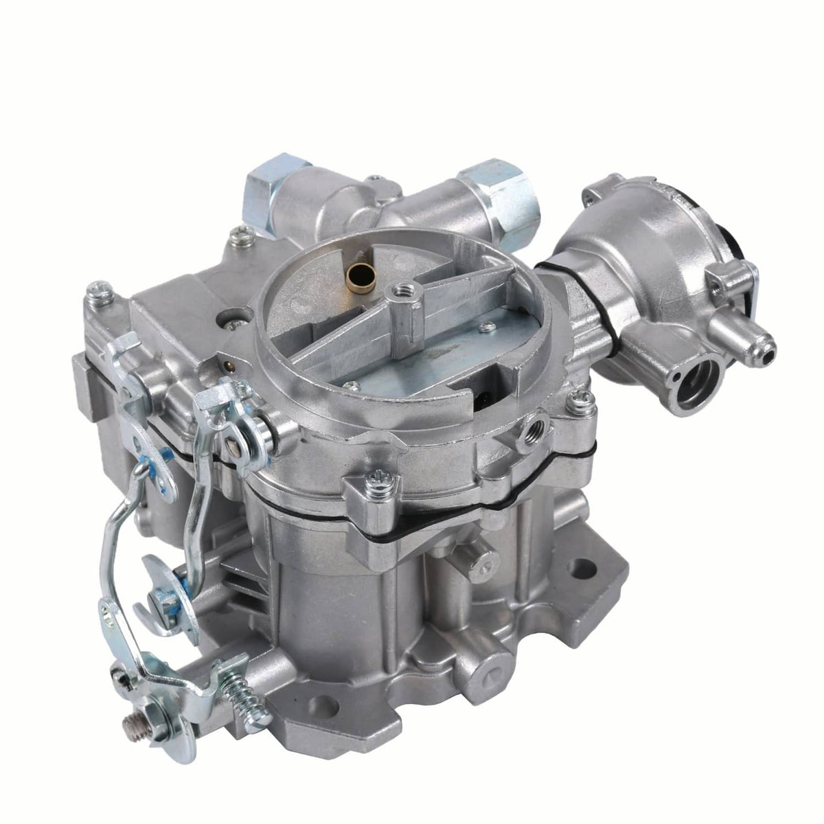 Marine carburetor with circular throttle opening and side connection fittings
