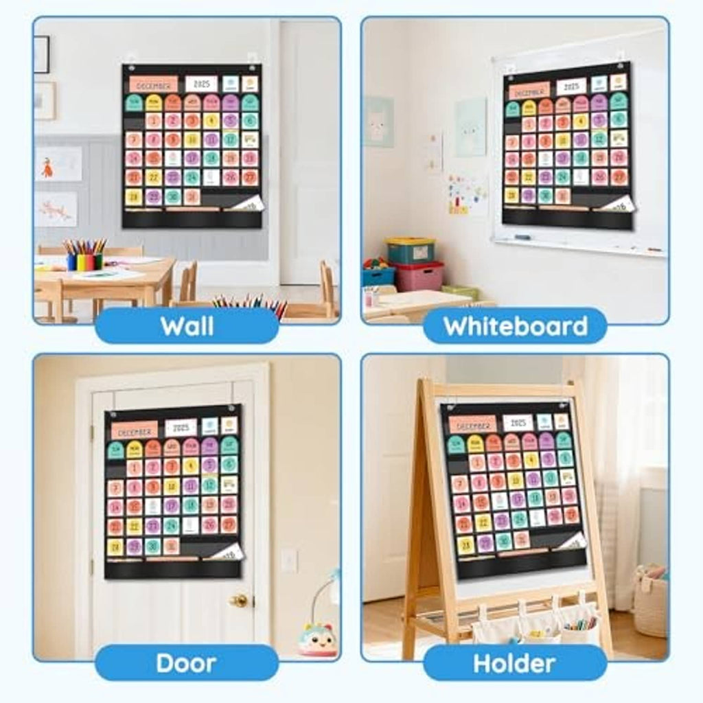 Calendar pocket chart mounting options for wall, whiteboard, door, or holder, black frame