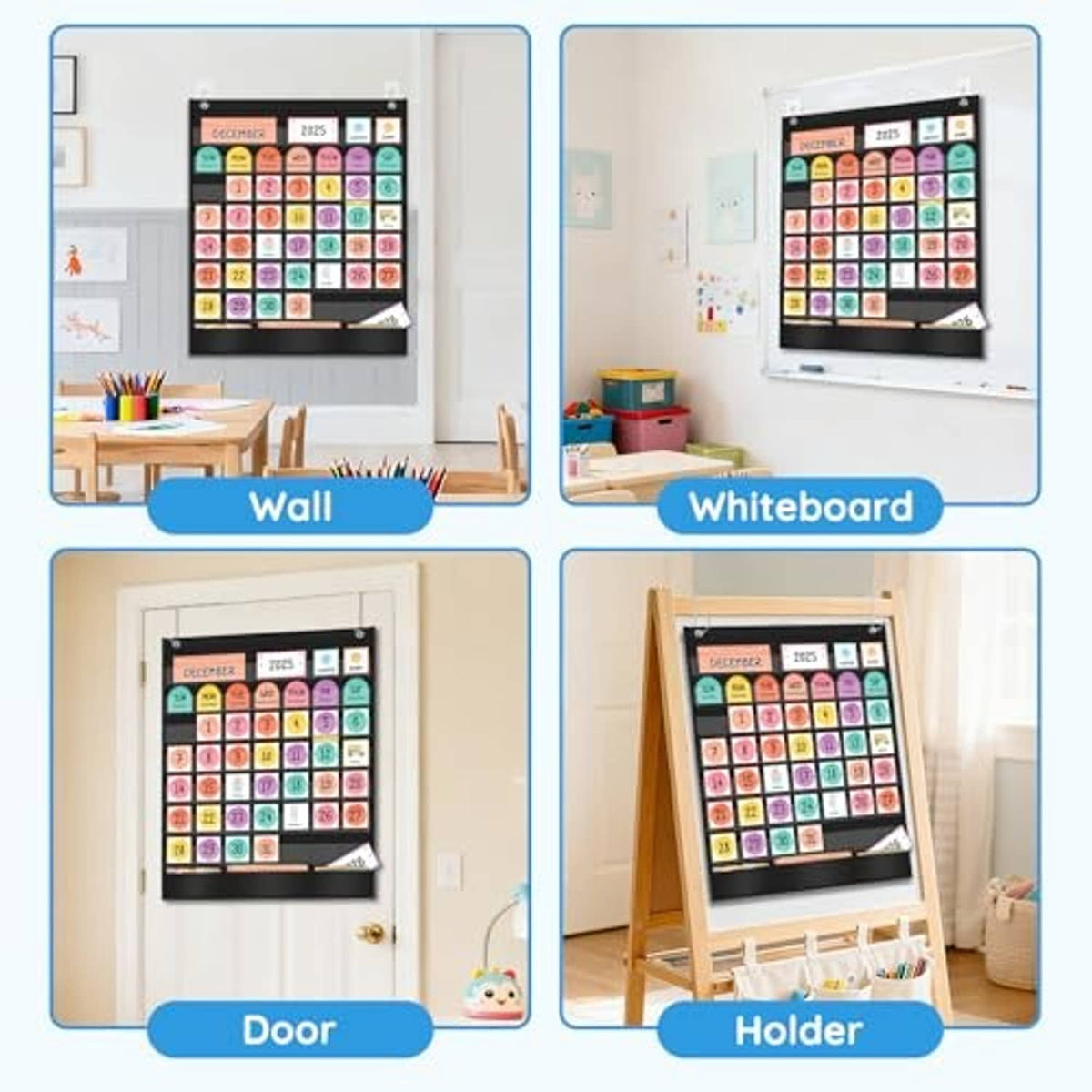 Calendar pocket chart mounting options for wall, whiteboard, door, or holder, black frame