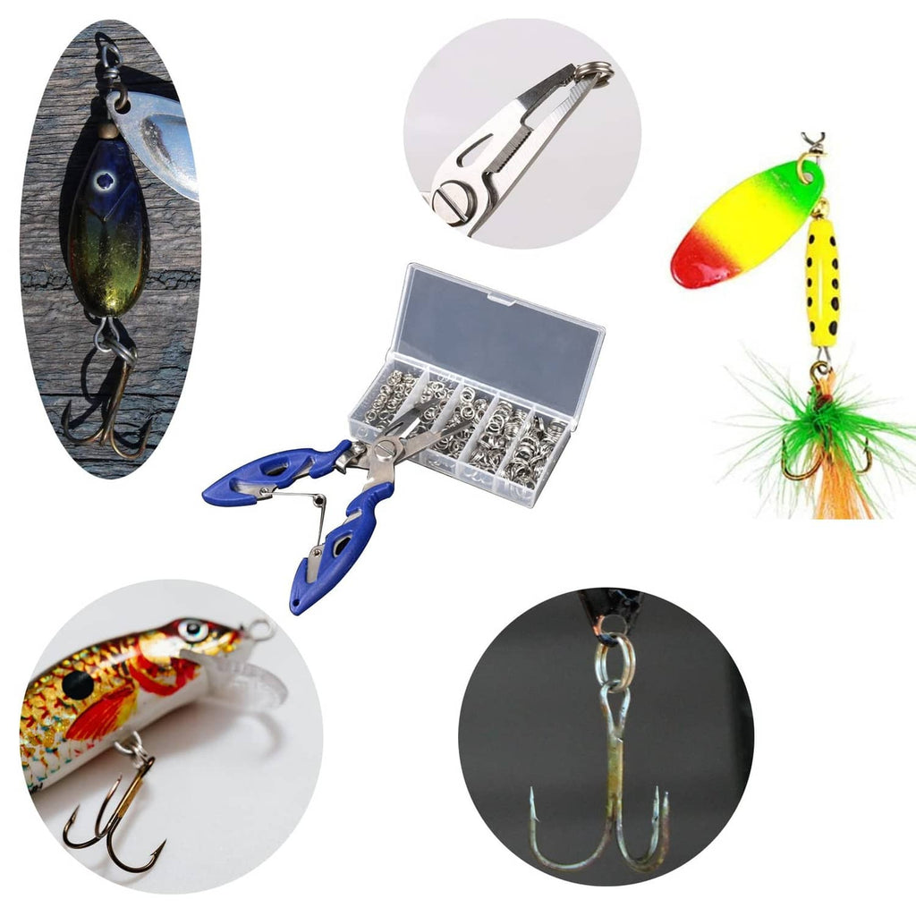 Assorted stainless steel split rings with blue plier tools shown with fishing gear