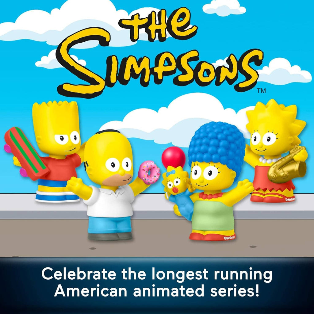 Four yellow character collectible figures with skateboard, donut, guitar, and open hands