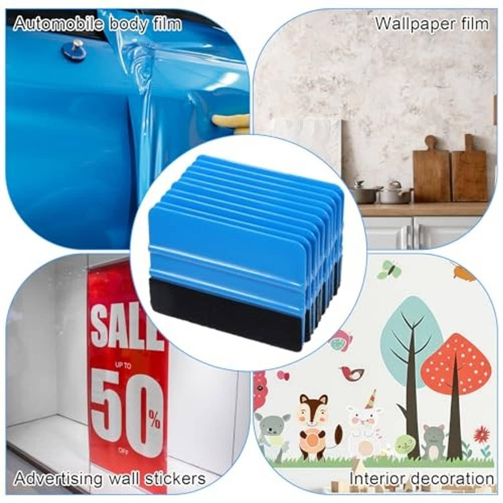 Stacked blue felt and black base squeegee pads for applying vinyl films and decals.