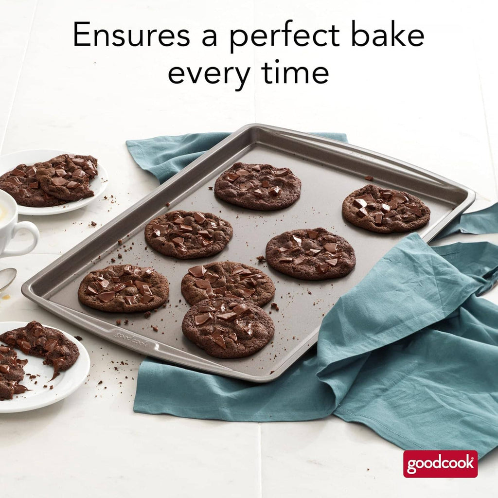 Gray nonstick baking sheet holding chocolate chip cookies on a flat tray