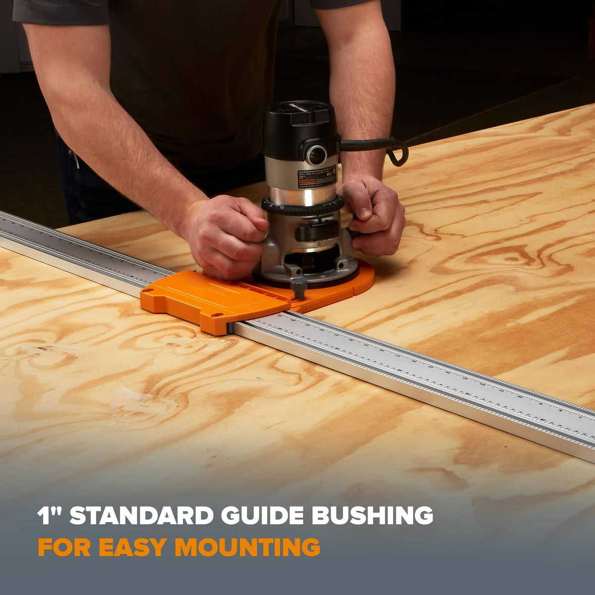 Bora router dado jig with 1-inch guide bushing aligned on wood along a metal rail