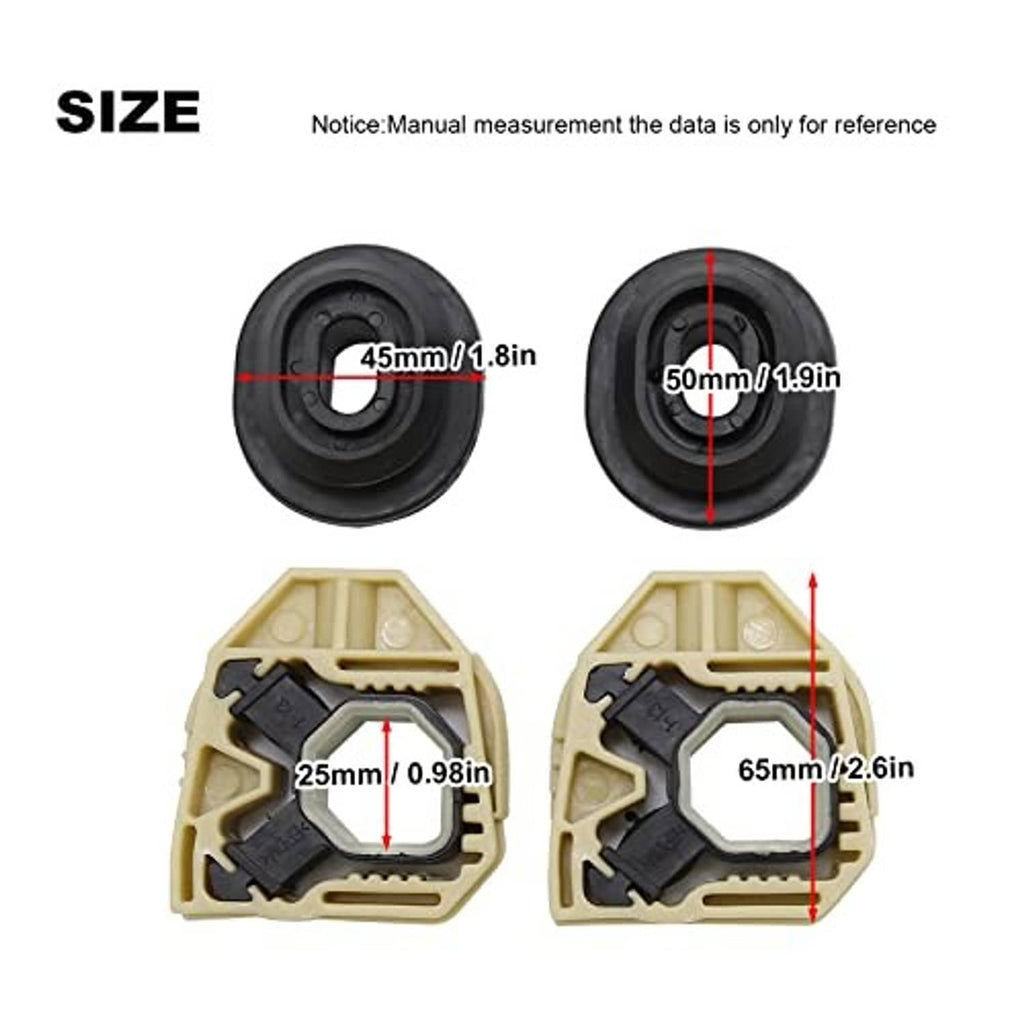 Beige radiator mounting brackets and black rubber gaskets with size callouts