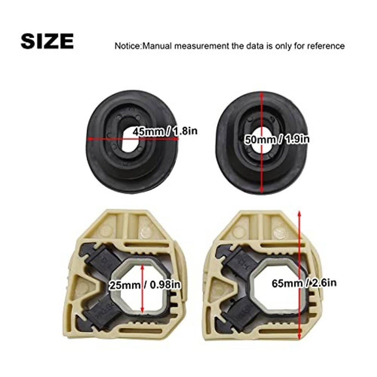 Beige radiator mounting brackets and black rubber gaskets with size callouts