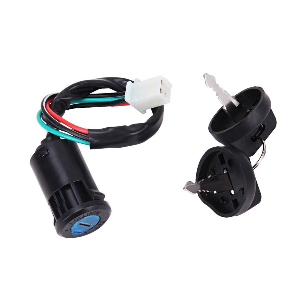 Ignition key switch with keys, black housing, and multi-wire connector with colored leads