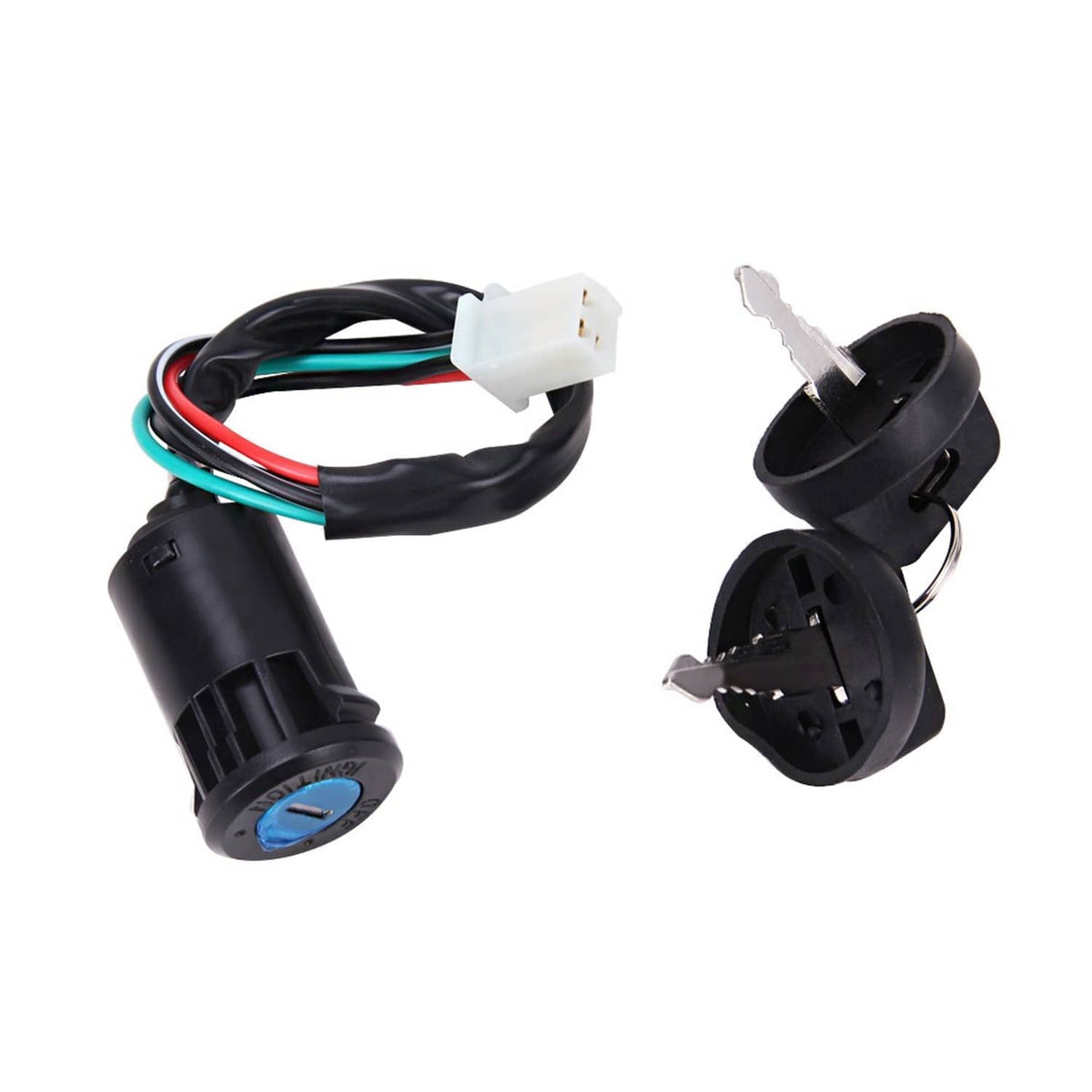 Ignition key switch with keys, black housing, and multi-wire connector with colored leads