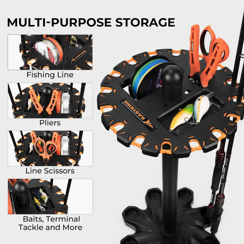 Black fishing rod holder with orange accessory platform for fishing line and tools