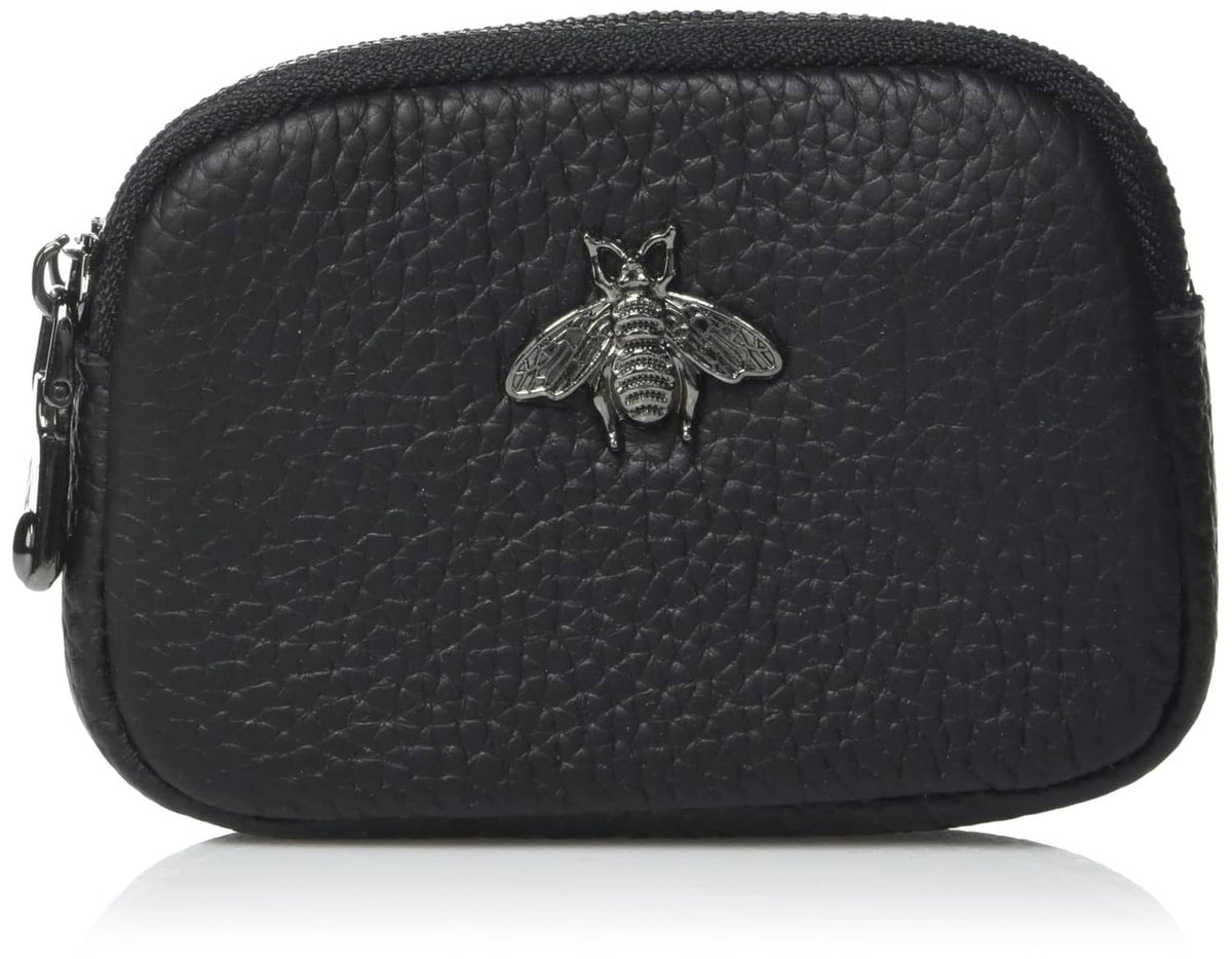 Black pebble-texture leather mini zipper pouch wallet with gold bee emblem